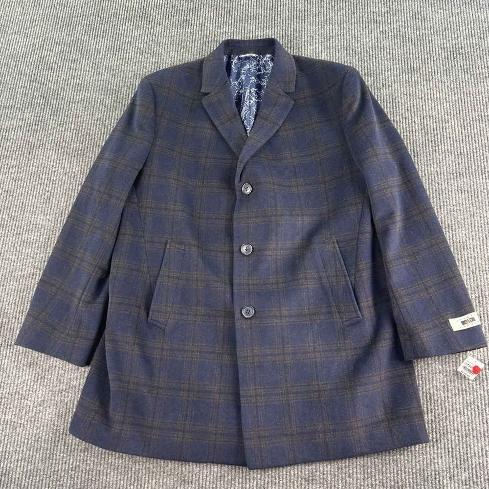 NWT Joseph Abboud Wool Blend Coat Men 46R Blue Windowpane Plaid Car Coat Winter